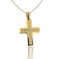 "The beauty of Greek jewelry, completely handcrafted in Greece with the old-fashioned way, is omnipresent. An outstanding 14k solid gold cross decorated with Cz remains a classic and elegant choice for everyone. Bold and traditional, you will not take your eyes off. Neither will your friends! High Quality Handmade Greek jewelry! The cross can be worn on both sides ✔ Chain Dimensions: 45 Cm ✔ Dimensions: Millimetres: 35 x 20mm ✔ High quality product. ✔ In a gift box ✔ Brand new - Made to Order ✔ Classic Gold Jewelry For Baptism, Classic Cross Jewelry For Baptism, Classic Crucifix Jewelry For First Communion, Classic White Gold Jewelry For Baptism, Classic Yellow Gold Jewelry For First Communion, Classic 14k Gold Jewelry For First Communion, Classic Yellow Gold Jewelry For Baptism, Classic 14k Gold Jewelry For Baptism, Elegant Yellow Gold Baptism Jewelry