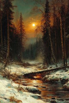 a painting of the sun setting over a snowy forest