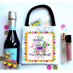 an image of a bag with personal items on it and confetti around it