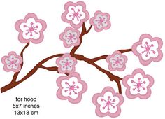 a branch with pink and white flowers is shown in this embroidery pattern for hoop 5x7 inches