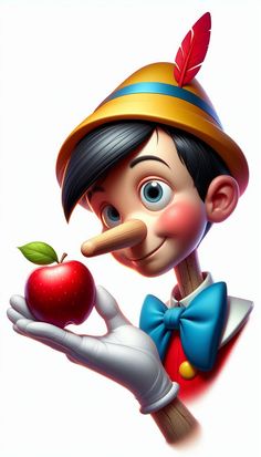 a cartoon character holding an apple in his hand