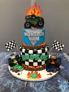 a monster truck birthday cake on a table