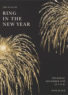 a black and gold new year's eve party card with fireworks in the sky