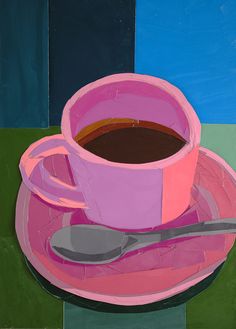 a painting of a cup of coffee on a pink saucer