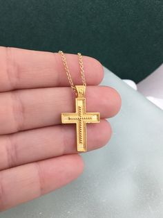 ✪ ATTENTION!! ✪ Please check the dimensions to be sure about the size! Dimensions:Necklace length: 45 CentimetersPendant height: 2.7 Centimeters (include the loop)Pendant width: 1.6 CentimetersGold cross 14 carats, 2 sides, gold cross, necklaces, pendants, cross, wedding gift, cross necklaces, birthday gift✪ extra choice : gold chain 14 carats, length 45 cm          ✪✪✪  Express Shipping with DHL courier in your address  ✪✪✪(about 1-2 business days in Europe & about 4-5 business days worldwi Yellow Gold Cross Necklace As A Gift, Yellow Gold Cross Necklace Gift, Yellow Gold Cross Necklace Pendant As Gift, 14k Gold Cross Pendant Necklace For Gift, Personalized Yellow Gold Cross Necklace, Tarnish-resistant Yellow Gold Cross Necklace, 14k Gold Engraved Cross Necklace, Engraved 14k Gold Cross Necklace, Loop Pendant