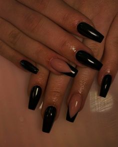 Black Spooky Nails Coffin, Business Nail Ideas, Nail Inspo Coffin Medium, Black And Nude Nail Ideas, Black Coffin Nail Ideas, Stars Nails, Adorable Nails, Nails Acrylic Almond, Black Gel Nails