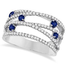 Blue Sapphire & Diamond Bypass Wide Ring 14k White Gold (0.90ctw) Stackable Wedding Bands, Right Hand Ring, 40 Women, White Gold Sapphire, Bypass Ring, Wedding Engagement Rings, Wide Ring, Blue Sapphire Diamond, Circle Diamond