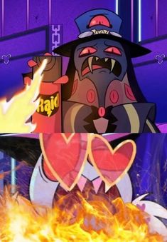 the cartoon character is holding up two hearts in front of an open fire with flames