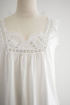 Antique White Cotton Night Gown - Etsy White Fitted Vintage Nightgown, Sleeveless Cotton Vintage Nightgown, White Cotton Cottagecore Nightgown, Vintage Cream Sleeveless Nightgown, Vintage Cream Nightgown, Sewing Tape Measure, Cotton Nightgown, White Eyelet Dress, Lace Straps