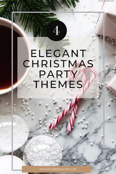 a christmas party theme with candy canes and presents on the table text reads elegant christmas party themes