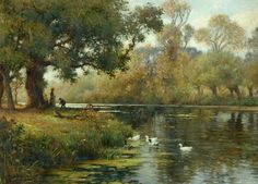 a painting of people fishing in the water near trees and grass, with ducks nearby