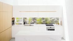 a kitchen with white counter tops and wooden cabinets in front of a window that looks out onto the jungle