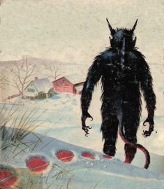 a painting of a demon walking in the snow