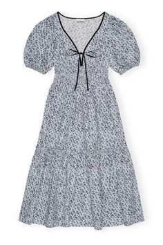 This Blue Floral Printed Cotton Long Smock Dress features a deep neckline, puff sleeves with elastic edges and a smock bodice. GANNI Blue Floral Printed Cotton Long Smock Dress in Glacier Lake | Women's Size 8/10 Glacier Lake, Size 16 Women, Size 12 Women, Size 10 Women, V Neck Midi Dress, Size 8 Women, Blue Midi Dress, Smock Dress, New Arrival Dress