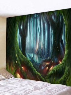 a bed room with a large wall mural