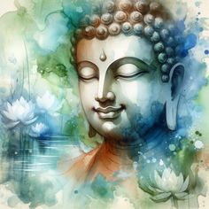 a watercolor painting of a buddha statue