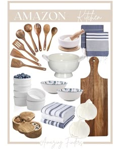 an assortment of kitchen utensils and wooden spoons on a white background with the words amazon kitchen