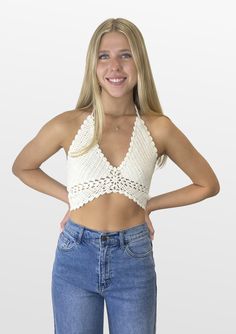 Get that Boho look with this cute halter. This top is split like a butterfly for a distinct retro look with a deep V neckline that ties at the neck and back for the perfect fit. The tight crochet knit covers in all the right places for the top you will love. Color- White 60% Cotton 40% Acrylic