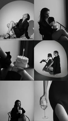 black and white photos of people sitting in chairs with wine glasses on their feet, one woman holding a glass while the other holds a cake