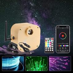 several different types of lights and remote controls in front of a night sky with stars