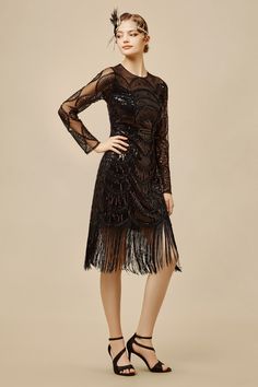 Inspired by Josephine's strength during WWII and 'The Story of an Awakening', our collection celebrates the belief that confidence is the pinnacle of beauty. Embrace your awakening in the timeless allure of our Art Deco Flapper Dress, where your story meets exquisite style.Features: Irregular fringed hem Delicate sequin and bead Art deco pattern Moderate stretch 100% Polyester fabric Herdis, standing at 5 feet 10 inches, wears a size 6 in BABEYOND. Her measurements are 31.4" bust, 24.8" waist, a Themed Dresses, Awakening Art, 1920s Headpiece, 1920s Dresses, Flapper Dresses, Fringe Flapper Dress, Fringe Fashion, Deco Pattern, 1920s Dress