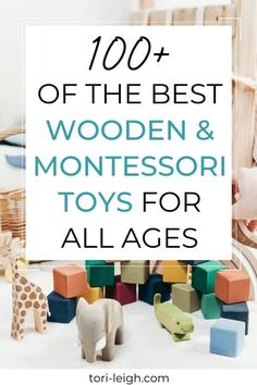 wooden and montessori toys for all ages with text overlay that reads 100 + of the best wooden & montessori toys for