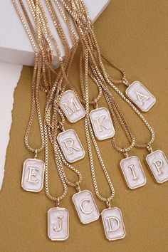 Pearly Initial Rectangle Necklace In Gold - Infinity Raine Necklace With Outfit, Summer Starter, Summer Necessities, Initials Necklace, Rectangle Necklace, Personal Statement, Denim Accessories, Baby Diaper Bags, Pom Beanie