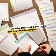 someone is taking notes on their bookmarks with the words, our bible bookmark cards make tacking the bible simple