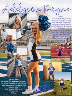 a collage of cheerleaders in blue and white outfits at a football game