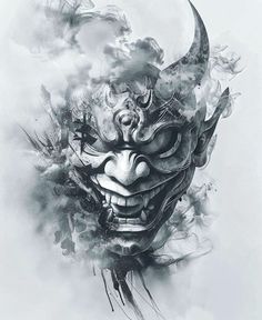 Oni Samurai Tattoo, Hannya Maske Tattoo, Hannya Maske, Samurai Mask Tattoo, Oni Maske, Japanese Demon Tattoo, Japanese Mask Tattoo, Dragon Tattoo Drawing, Geisha Tattoo Design