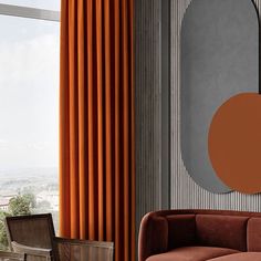 a living room filled with furniture and an orange circle wall hanging on the wall next to a window