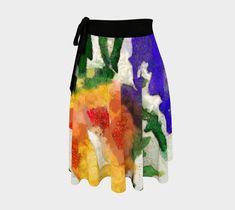 "Soft Drape Wrap Skirt in silky Matte Crepe or Soft Jersey fabric. One size fits as a circle wrap around skirt with black, gray or cream waist tie.  This design is called \"Cactus Flower Rainbow\" with intricate details and bright vibrant colors as Abstract Art by Claire Bull.  Fun as a summer beach cover up, or for lounge wear, ballet dance skirt or for ice skating and great over leggings for Yoga or outings! Even wear it as a shoulder wrap. Very delicate and fun for women of all ages and sizes up to 1X and 2X size. Less wraps around with larger waist size, more wraps around with smaller waist size. Choose from medium weight soft Peachskin Jersey fabric 92% polyester/8% spandex or lightweight Matte Crepe which is silky soft and semi sheer Fits Waist 22\" to 42\", the actual skirt fabric i Fitted Multicolor Long Skirt, Multicolor Fitted Long Wrap Skirt, Multicolor Fitted Midi Skirt, Multicolor Lined Wrap Skirt, Fitted Multicolor Tiered Wrap Skirt, Fitted Multicolor Lined Wrap Skirt, Multicolor Relaxed Flared Wrap Skirt, Fitted Multicolor Tiered Skirt, Multicolor Tiered Wrap Skirt For Summer