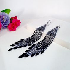 Blue-Purple,black and silver awesome color combination.Long tassel earrings. Beaded earrings. native American style .Fringe earrings .Seed Bead Earrings .Boho earrings . Materials;Sterling silver plated ear wire.Weight of one earring 5.7 gr. High quality japanese beads 3 shades. This bead does not lose its color and does not darken. Earrings length 5 inches (14cm) Silver Beaded Fringe Earrings For Party, Silver Beaded Earrings With Fringe For Party, Elegant Black Beaded Fringe Chandelier Earrings, Black Party Chandelier Earrings With Dangling Beads, Black Faceted Beads Earrings For Party, Black Beaded Fringe Dangle Tassel Earrings, Black Beaded Fringe Tassel Dangle Earrings, Black Beaded Fringe Tassel Drop Earrings, Black Beaded Earrings With Dangling Beads For Evening