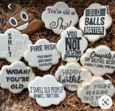 decorated cookies with funny sayings in a basket