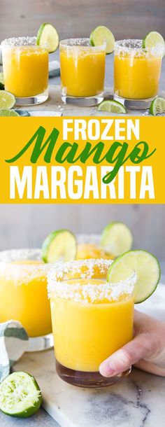 frozen margaritas with lime slices and sugar on the rim, in front of them