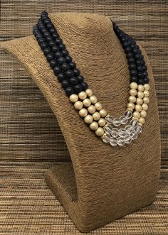 "Black and Gold Tone Statement Necklace and Earrings Set for Women. Multi Stand Beaded Necklace. Handmade with 3 strands of beads in colors that match perfectly, black matte, gold-tone and clear Adjustable Necklace from 18\" Inches up to 21\" Inches Earrings are 1\" Inch Long This beautiful necklace set is simply stunning. FAST & FREE SHIPPING! Visit my Etsy Shop to see more Handmade Statement Jewelry and Accessories! At Freedom Life Style Jewelry you will find a variety of Necklaces, Bracel Beaded Layered Necklace With Round Beads For Party, Beaded Layered Necklace For Party With Round Beads, Beaded Layered Necklace For Party, Party Layered Necklace With Beaded Chain, Adjustable Layered Necklace With Round Beads For Party, Double Strand Polished Beads Jewelry For Party, Multi-strand Black Beads Necklace For Jewelry Making, Multi-strand Large Beads For Party, Large Multi-strand Beads For Party