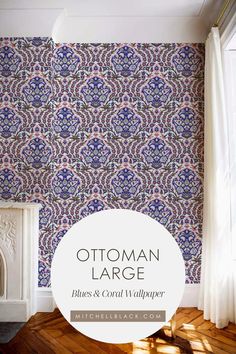 an ornate wallpaper pattern with the words ottoman large blue and coral wallpaper