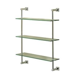 three glass shelves with metal brackets on each side and one shelf above the other, both are