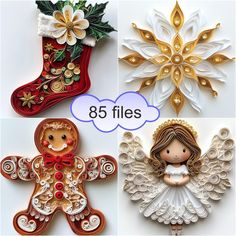 christmas decorations made out of paper with angel, snowflake and santa's stocking