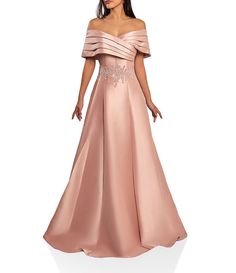 Terani Couture Pleated Off-the-Shoulder Waist Applique Ball Gown | Dillard's Off-shoulder Mother Of The Bride Dress For Gala, Off-shoulder Gown With Fitted Bodice For Gala, Elegant Off-shoulder Evening Dress With Short Sleeves, Elegant Off Shoulder Dress With Short Sleeves For Evening, Off-shoulder Gown With Pleated Bodice, Off The Shoulder Long Dress, Organza Skirt, Terani Couture, Pageant Gowns