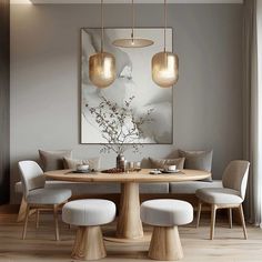 a dining room table with four chairs and a bench in front of a painting on the wall