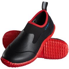 a pair of black and red water shoes