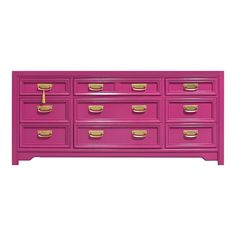 a pink dresser with gold handles and drawers on the bottom, against a white background