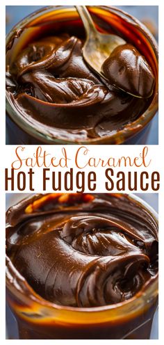 melted caramel hot fudge sauce in a glass jar with spoon and title overlay