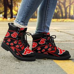 Akatsuki Boot Shoes Custom For Naruto Anime Fan-Gear Wanta Bandana Shoes, Harley Boots, Custom Boots, Handmade Boot, Boot Shoes, Shoes Custom, Red Bandana, Boot Print, Leather Boots Women