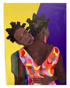 a painting of a woman holding another woman's head in front of a yellow and purple background