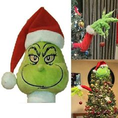 the grinch christmas tree has been decorated with green and red decorations, while an image of