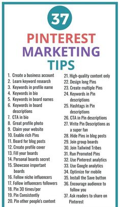 the pinterest marketing tips list is shown in blue and white with text that reads 37