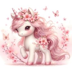 a cute little unicorn with pink hair and flowers on her head is standing in front of some butterflies