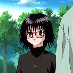 an anime character with glasses standing next to another character in front of trees and sky